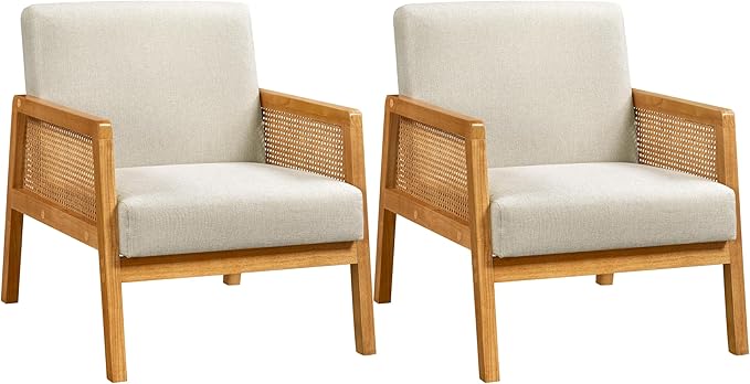 Yaheetech Accent Chair, Modern Armchair with Wood Legs, Mid Century Living Room Chair Linen Comfy Lounge Chair for Bedroom Reading Room, Set of 2, Beige