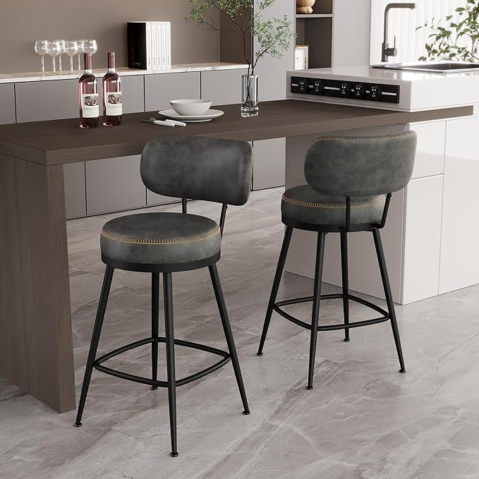 Counter Height Bar Stools, 26" H Swivel Barstools Set of 8, Faux Leather Kitchen Counter Stools with Back and Stylish Stitching, Metal Frame, Pub, Home Bar, Black Grey