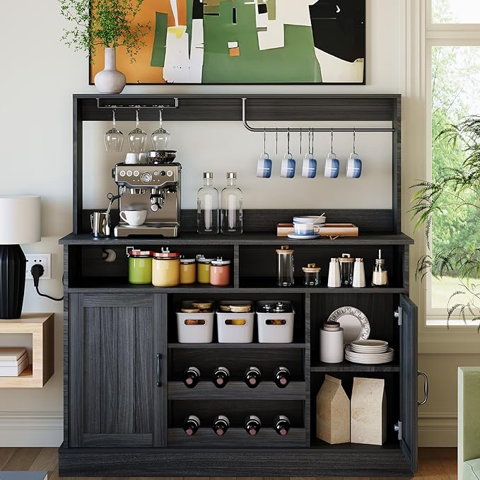 47" Farmhouse Buffet Sideboard Cabinet with Power Outlets Coffee Bar Cabinet with Storage, Large Buffet Storage Cabinet Table with Wine Racks, Goblet Holder, Hooks for Kitchen, Dining Room, Grey