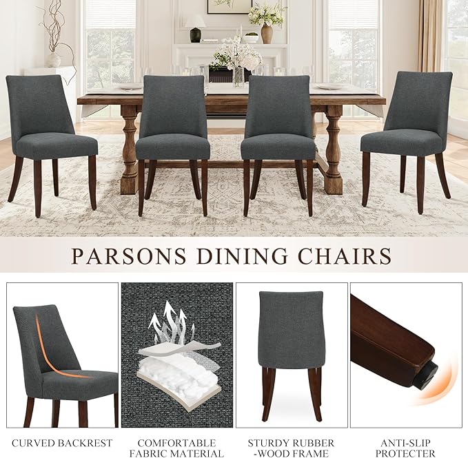 COLAMY Upholstered Dining Chairs Set of 2, Mid Century Modern Kitchen Chairs with Back, Farmhouse Fabric Side Dining Room Chairs with Wood Legs for Dining Room Restaurant, Dark Grey