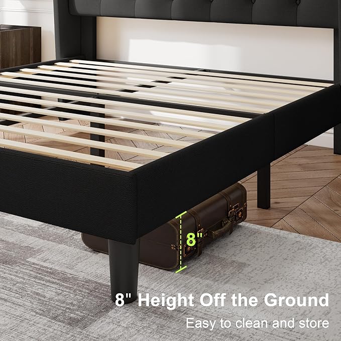 Feonase Full Size Bed Frame with Upholstered Wingback Headboard,Button Tufted Platform Bed and Heavy Duty Wooden Slats Support,Easy Assembly, Noise-Free,No Box Spring Needed, Black