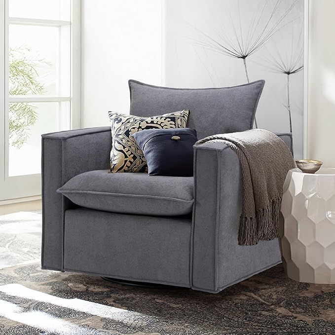 Swivel Accent Chair, 34 Inches Wide Upholstered Arm Chair with Plump Back Pillow, Modern Sofa Living Room Chair for Bedroom, Corner, Reading Nook-Grey