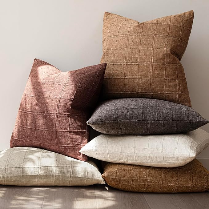 Foindtower Set of 2 Decorative Linen Check Throw Pillow Covers Neutral Farmhouse Vintage Cushion Covers Modern Boho Home Decor for Sofa Chair Couch Bedroom Living Room Outdoor,26×26 Inch,Autumnal Red