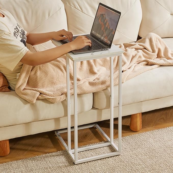C Shaped End Table Set of 2, Small Side Table for Sofa and Bed, White Bedside Table, Laptop Desk for Couch 16x12x25 inch Faux Marble+White YD-TM051W-2