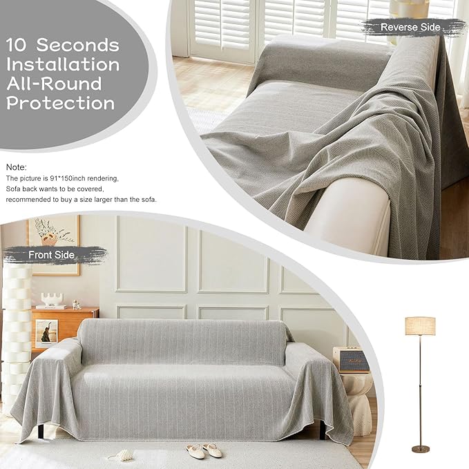 STACYPIK Silver Gray Chenille Sofa Covers, Herringbone Jacquard Sectional Couch Cover, Furniture Protector for 3 Cushion Couch, L-Shaped Sofa Covers for Loveseat, Washable Multi-use Blankets-91X134IN