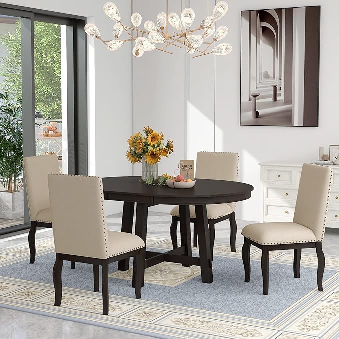 5 Pieces Dining Table Set with 43" Round Extendable Desk,Living Room Furniture W/ 4 Upholstered Curved Legs Chairs,for Restaurant,Home Bistro,Espresso