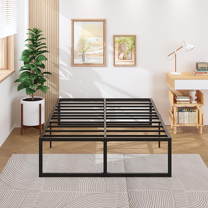 18 Inch Full Bed Frame No Box Spring Needed, Heavy Duty Metal Platform Beds with Sturdy Steal Slats for Mattress Foundation, Easy Assembly, Noise Free, Black