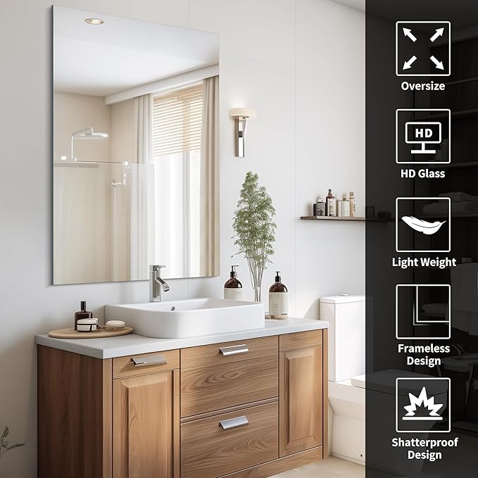 Frameless Mirror, 30x48 inch Rectangle Bathroom Mirrors for Wall, Upgraded Shatterproof Large Vanity Mirror Over Sink with Polished Edge for Bathroom,Bedroom,Living Room and Entryway