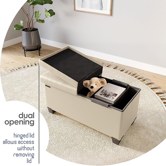 STORAGEBUD Storage Ottoman Bench with Bins, 30-in Storage Bench for Bedroom End of Bed, Folding Foot Rest Ottoman for Living Room Max 660lbs, Faux Leather Ottomans, Beige