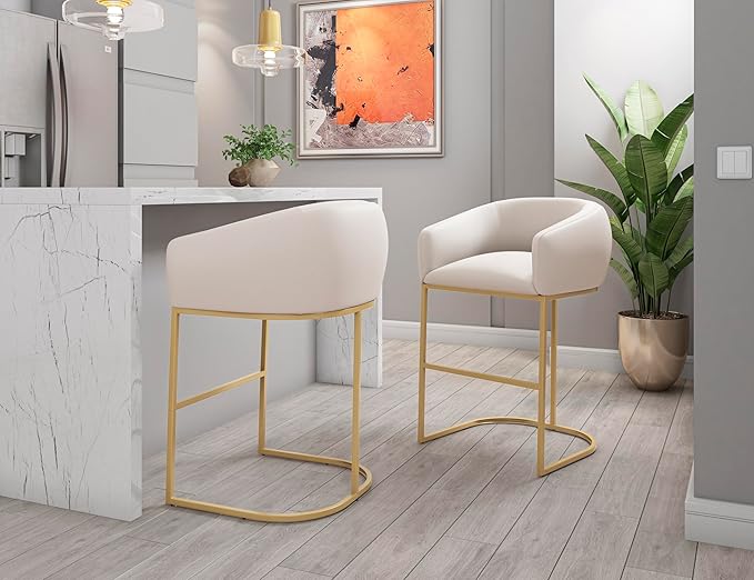Manhattan Comfort Louvre 26 Inch Mid Century Modern Counter Height Bar Stools - Elegant Faux Leather Padded Seat, Stainless Steel Base with Footrest, Fully Assembled Barstools, Set of 1, Cream