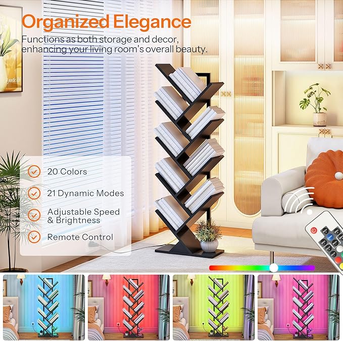HOOBRO Tree Bookshelf, 9-Tier Tree Bookshelf with Lights, Space-Saving Book Shelf, Holds Books, CDs, Floor Standing Bookcase for Office, Living Room, Bedroom, Black BB08DSJ01
