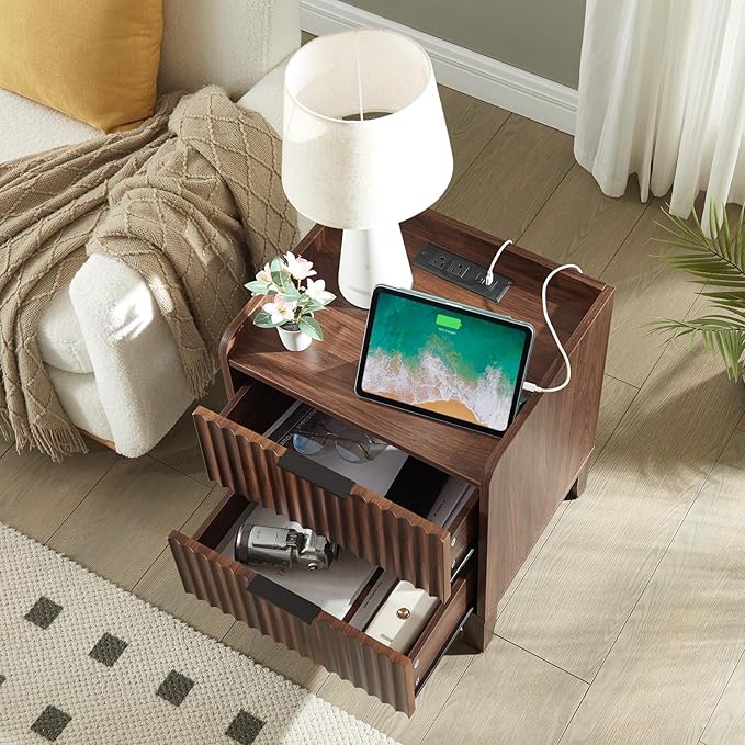 Wnutrees Fluted Nightstand with Charging Station, Modern Bedside Table with 2 Drawers, Farmhouse Wooden End Side Table for Living Room, 2Pack, Brown