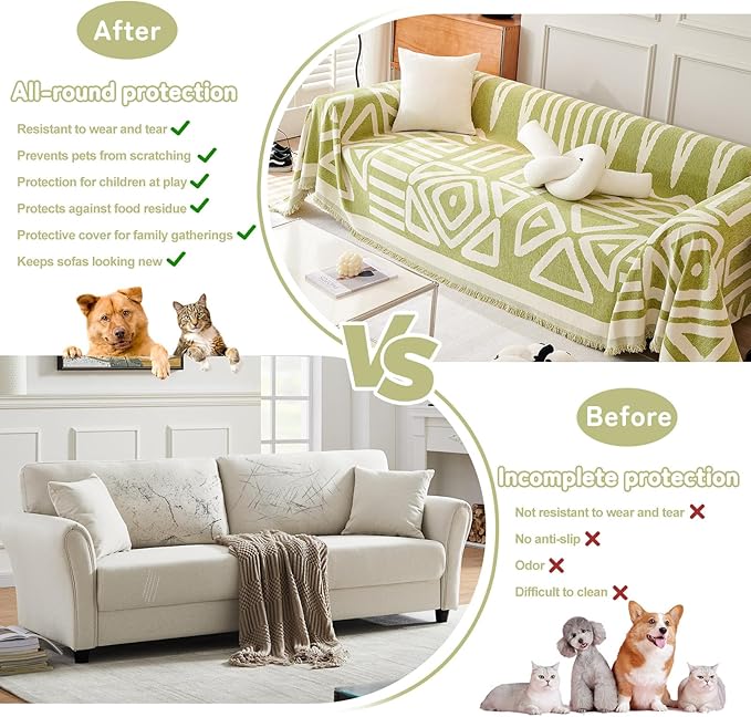 HANDONTIME Green Sofa Covers Chenille Couch Covers Universal Sofa Cover Boho Cover for Sofa 3 Seats Dogs Couch Furniture Protector Couch Cushion Covers Sectional Couch Covers for L Shaped 71" X118"