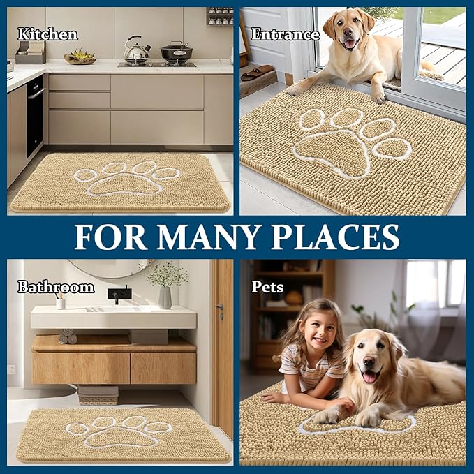 OLANLY Door Mat for Muddy Dog Paws 24x16, Ultra Absorbent Chenille Mud Doormat with Paw Print Design, Non-Slip Washable Doormat for Indoor Entryway, Quick-Dry Pet Bed Mats for Dirty Dogs, Beige