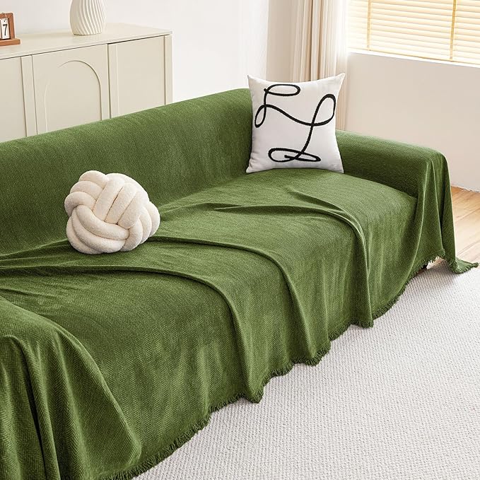 hyha Couch Cover for Dogs, Boho Sofa Covers for 3 Cushion Couch Washable, Chenille Sofa Slipcover for Pets, Soft Loveseat Sectional Couch Throw Blankets with Tassels (Green, 71x150 Inch)