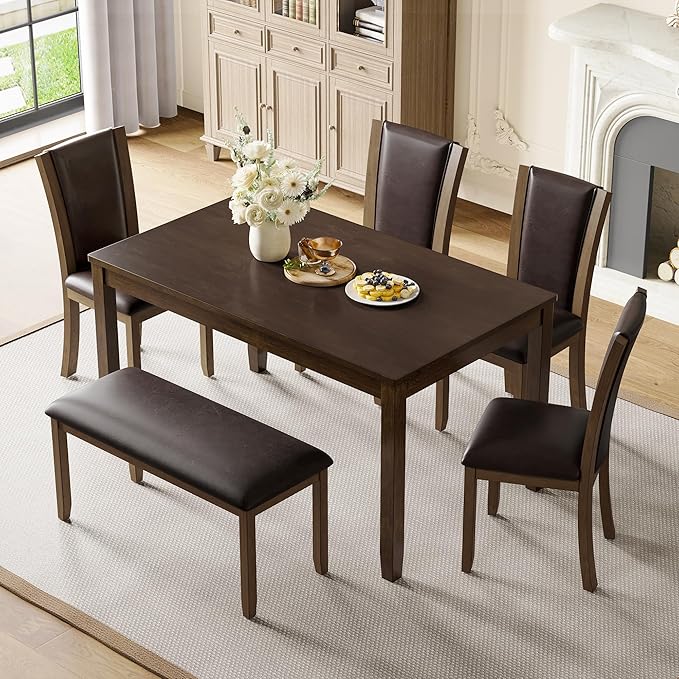 soges 6-Piece Large Dining Table Set with Leather Bench and Chairs, Wooden Dining Table Chairs Set for 6, Modern 6 Person Dining Room Set, Dark Walnut