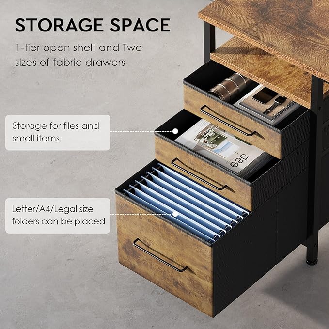 Maihail Computer Desk with Drawers, 47 inch Desk with 2 Drawers and Shelves, Office Desk with Storage, Desk with Storage Bag, Home Office desks with Drawers, Metal Frame for PC Laptop, Rustic Brown2