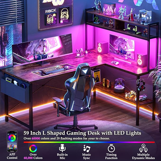 Aheaplus L Shaped Desk Gaming Desk, 59" L Shaped Computer Desk with LED Light & Power Outlet, Reversible Home Office Desk Gamer Desk with Shelves & Storage Bag & Hooks, Corner PC Desk, Rustic Brown