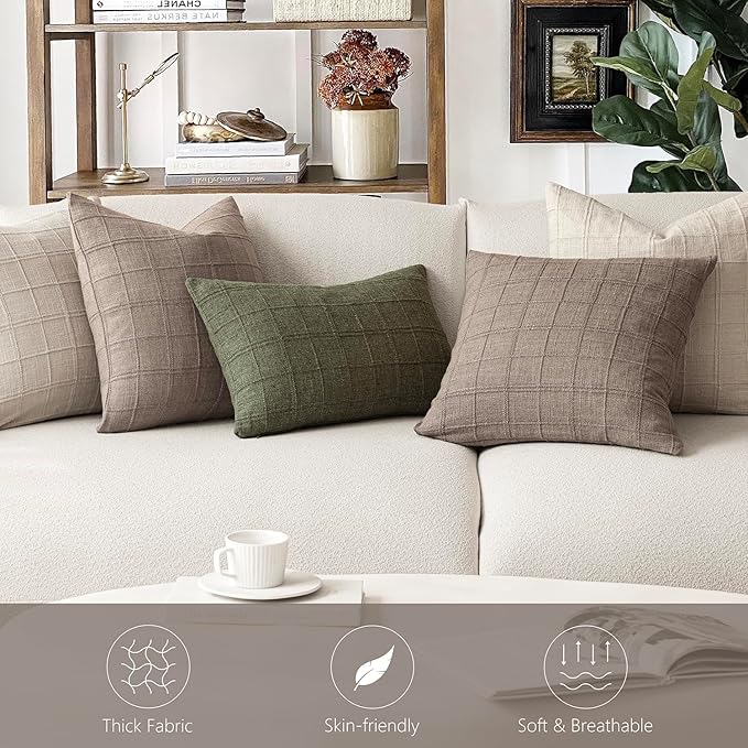 Foindtower Set of 2 Decorative Linen Check Throw Pillow Covers Neutral Farmhouse Vintage Cushion Covers Modern Boho Home Decor for Sofa Chair Couch Bedroom Living Room Outdoor,18×18 Inch,Tan Taupe
