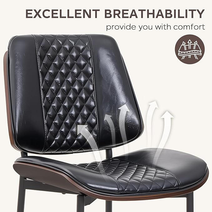 Dining Chairs Set of 6, Upholstered PU Leather Armless Chair, Mid Century Modern Dining Room Chairs, Retro Walnut Bentwood Kitchen Chair with Metal Legs and Adjustable Feet, Black