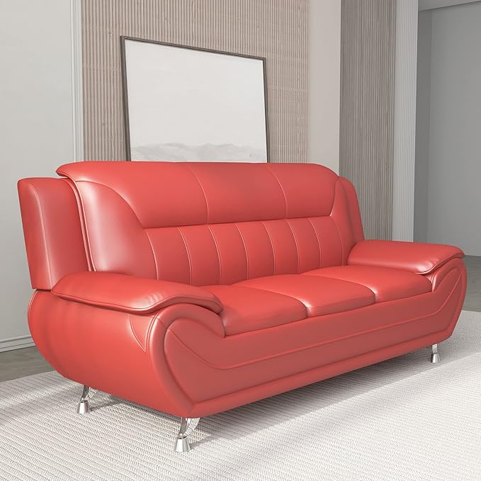 Container Furniture Direct Michael Modern Faux Leather Upholstered Stainless Steel Legs Living Room Sofa, Loveseat, Red