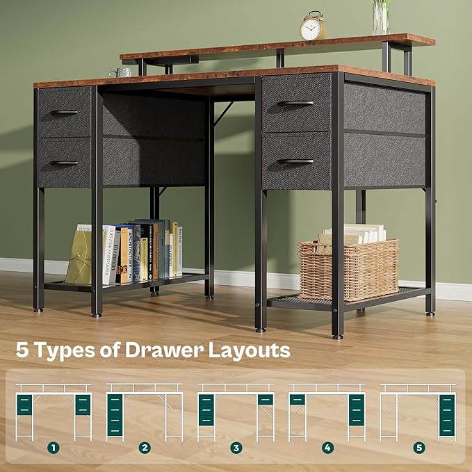 Huuger 47 inch Computer Desk with 4 Drawers, Gaming Desk with LED Lights & Power Outlets, Home Office Desk with Large Storage Space for Bedroom, Work from Home, Rustic Brown and Black
