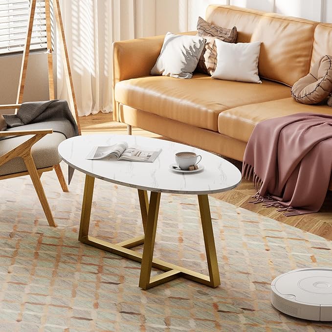 Coffee Table White Faux Marble Coffee Table for Living Room,Oval Center Tables Modern Tea Table for Small Space,Wooden Living Room Tables End Table with Sturdy Gold Metal Leg