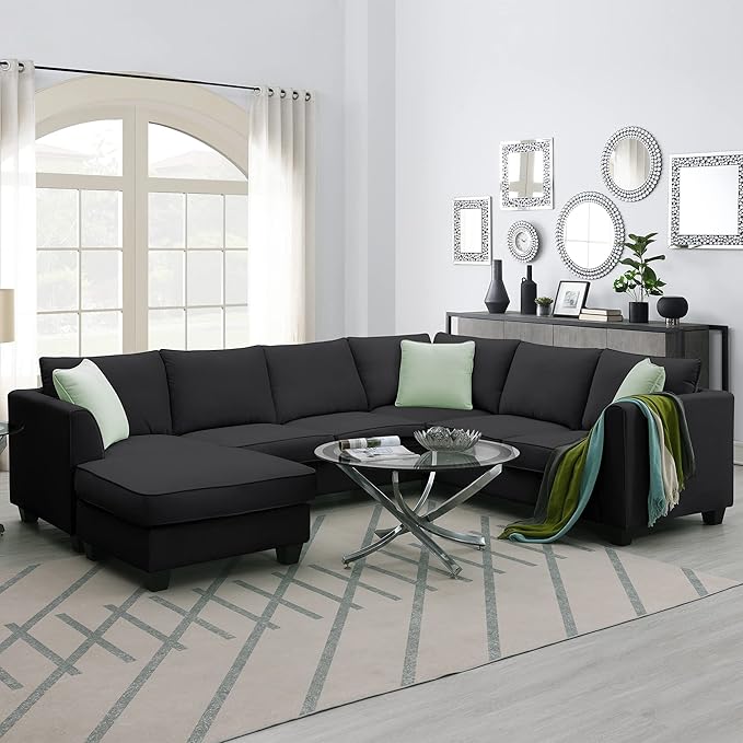 112" Upholstered Sectional Sofa Sets with Removable Ottoman, 7- Seater Modular Corner Couch with 3 Pillows for Livingroom, Office,Black