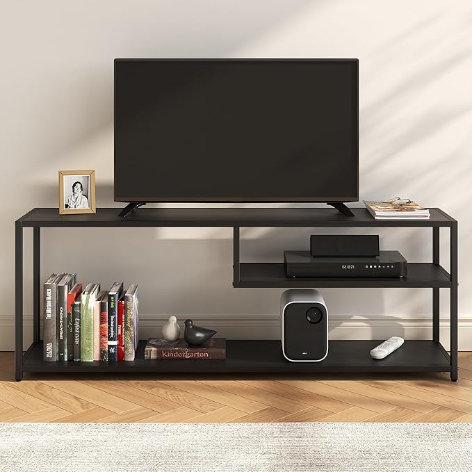 TECHMILLY Modern TV Stand for 65" TV, TV Table with Storage Shelves, Entertainment Center with Metal Frame, TV Console Table for Living Room, Bedroom, Black