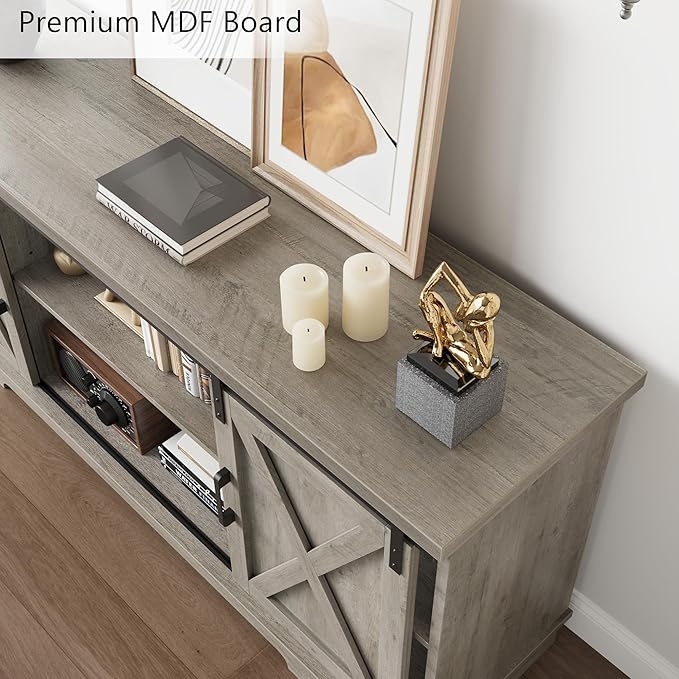 GarveeHome Farmhouse Tv Stand for 65 Inches TVs, Entertainment Center with Sliding Barn Doors and Adjustable Shelf, Modern Media TV Console TV Stand Table for Living Room, Bedroom, Grey