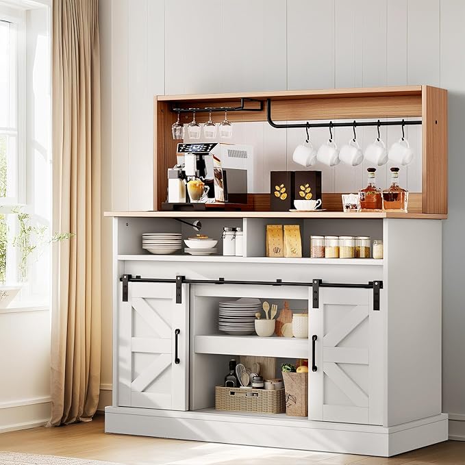 YITAHOME 47" Coffee Bar with Goblet Holder & Power Outlet, Buffet Cabinets with Storage,Farmhouse Sideboard Cabinets with Sliding Barn Doors for Kitchen, Living Room (White)