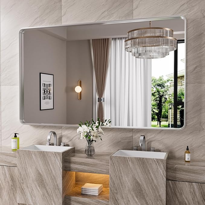 Brushed Nickel Bathroom Mirror 60x36 Inch, Brushed Silver Metal Frame Mirror Wall Mounted, Rounded Rectangle Bathroom Vanity Mirror, Tempered Glass, Anti-Rust, Horizontal/Vertical