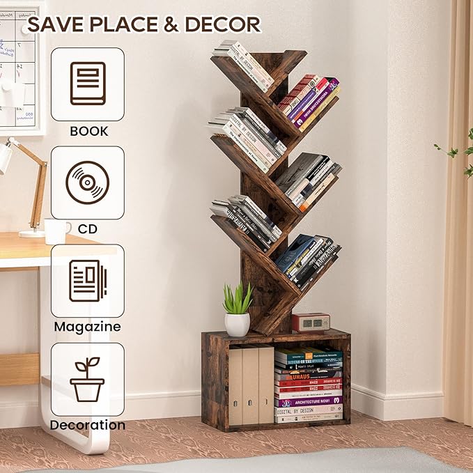 6 Tier Tree Bookshelf, Sturdy Retro Floor Standing Wood Bookcase, Storage Rack for Home Office, Living Room, Bedroom, Reading Spot, Heavy Book Organizer Shelves for CDs/DVDs/Movies