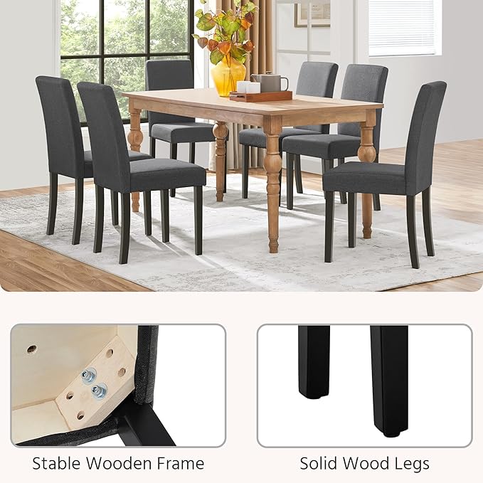 Yaheetech Dining Chairs Set of 6 Fabric Upholstered Parson Kitchen Chairs with Padded Seat and Solid Wood Legs for Dining Room/Restaurant, Dark Gray