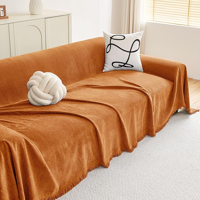 hyha Couch Cover for Dogs, Boho Sofa Covers for 3 Cushion Couch Washable, Chenille Sofa Slipcover for Pets, Soft Loveseat Sectional Couch Throw Blankets with Tassels (Orange, 71x134 Inch)