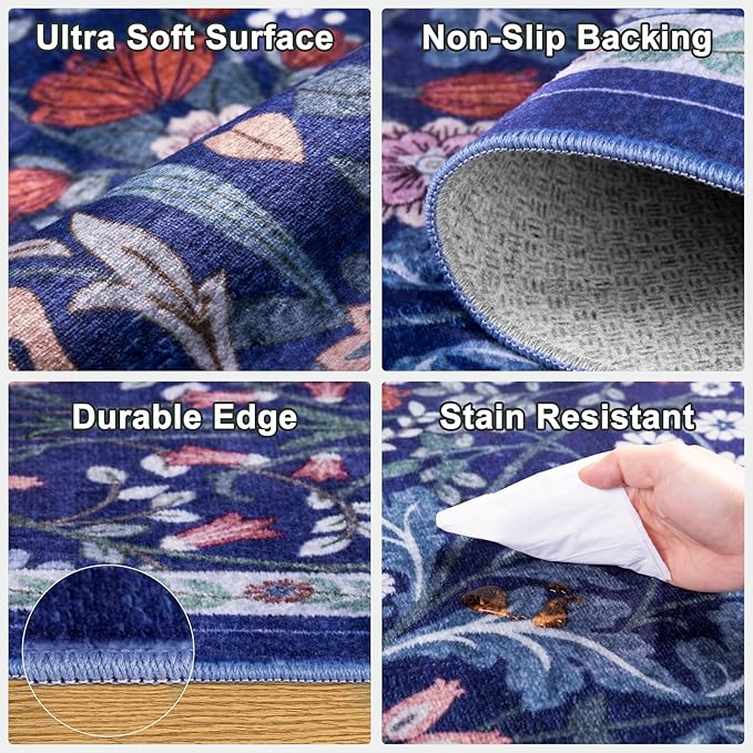 Area Rug Living Room Rugs: Floral 5x7 Washable Rug Vintage Soft Boho Non-Slip Carpet Indoor Floor Stain Resistant Large Carpets for Bedroom Dining Room Farmhouse Nursery Hallway Home Office Blue