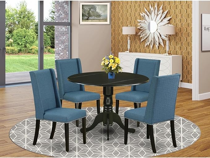 East West Furniture DLFL5-BLK-21 5 Piece Kitchen Table Set for 4 Includes a Round Dining Table with Dropleaf and 4 Blue Linen Fabric Parson Dining Room Chairs, 42x42 Inch, Black