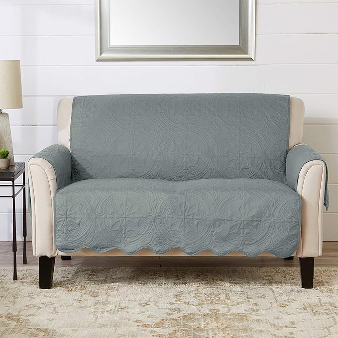 Medallion Stitched Solid Furniture Protector Stain Resistant Durable Furniture Protector Elenor Collection (Loveseat, Mirage Gray/Flax)