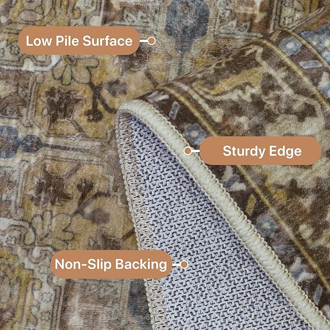 GENIMO 2'6''x12 Runner Rugs for Hallway, Machine Washable Non Slip Vintage Rugs, Low Pile Lightweight Soft Print Rug for enrtyway, Corridor, Home Office, Kitchen, Rustic Brown