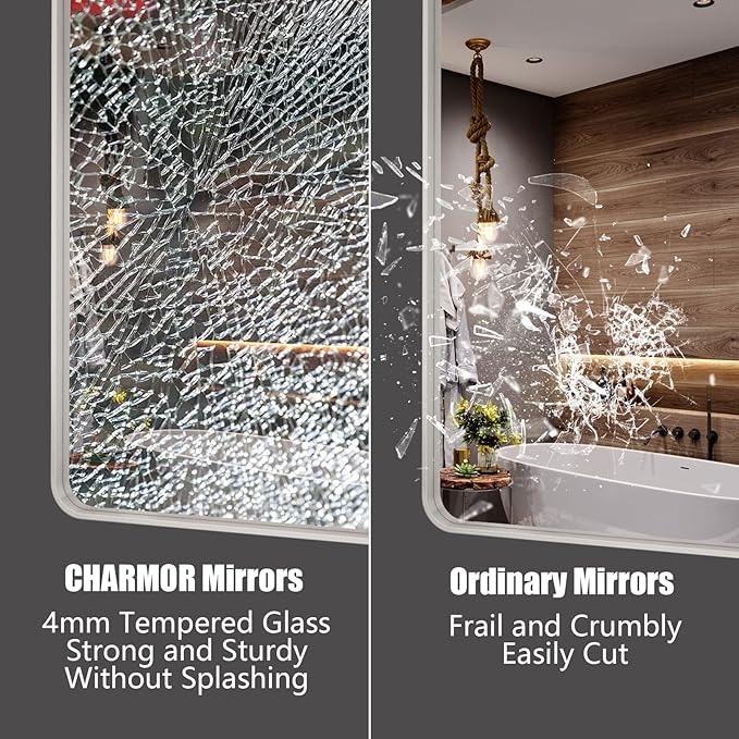 28x36 Silver Bathroom Mirror for Wall, Brushed Metal Framed Bathroom Vanity Mirror, Rounded Corner Rectangle Silver Mirror, Shatterproof, Anti-Rust (Horizontal/Vertical)