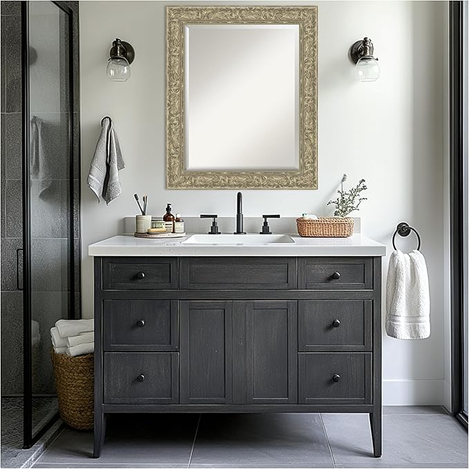 Amanti Art Silver Bathroom Mirror for Over Sink, 29x35 Luxe Antique Silver Rectangle Vanity Mirror, Large Traditional Frame, Hangs Horizonally and Vertically, Bathroom Wall Decor, Beveled Edge