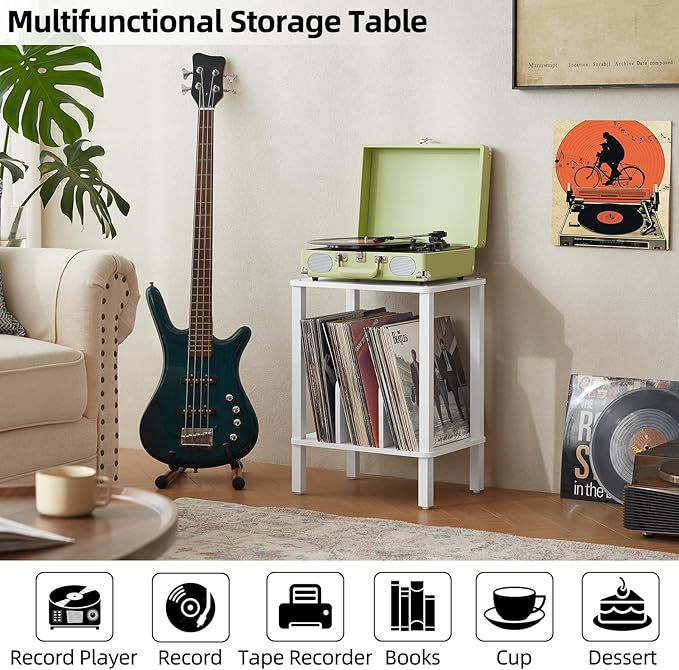 LELELINKY 2-Tier Record Player Stand with Vinyl Record Storage up to 100 Albums, Bedroom Record Holder and Multi-Functional End Table for Living Room, White