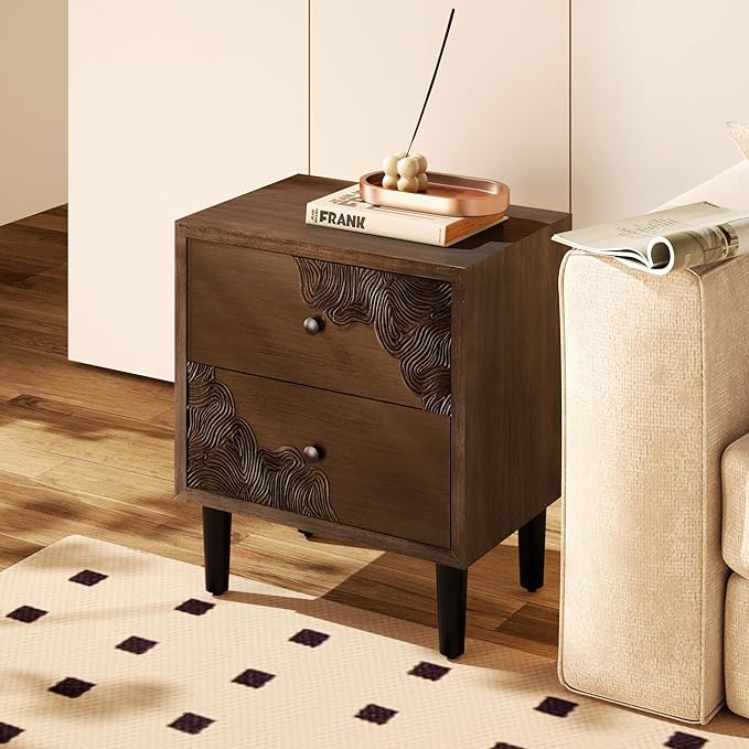 COSIEST Nightstand Set of 2, Mid Century Modern End Table with 2 Storage Drawers, Accent Side Table, Vintage Wood Luxury Night Stand for Bedroom, Living Room, Walnut