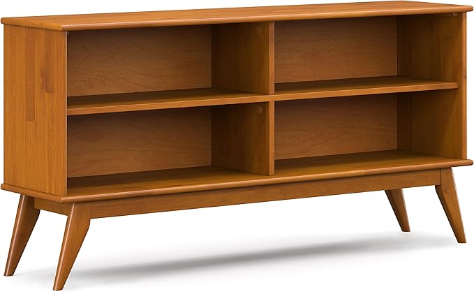 SIMPLIHOME Draper Bookcase - 30 inch Tall Solid Hardwood Low Bookshelf in Teak Brown, Mid-Century Modern Storage for Living Room, Study Room or Office with Tapered Legs and Wide Open Shelves