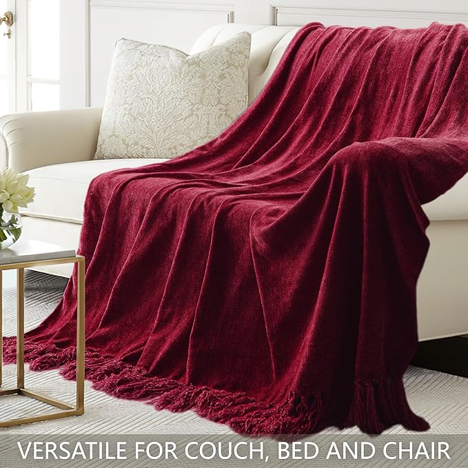 Chenille Throw Blanket for Couch 60"X 80" Twin, Soft Cozy Throws with Fringe Tassel for Bed Sofa Chair Cover, Lightweight Knitted Decorative Boho Blankets for Living Room, Red