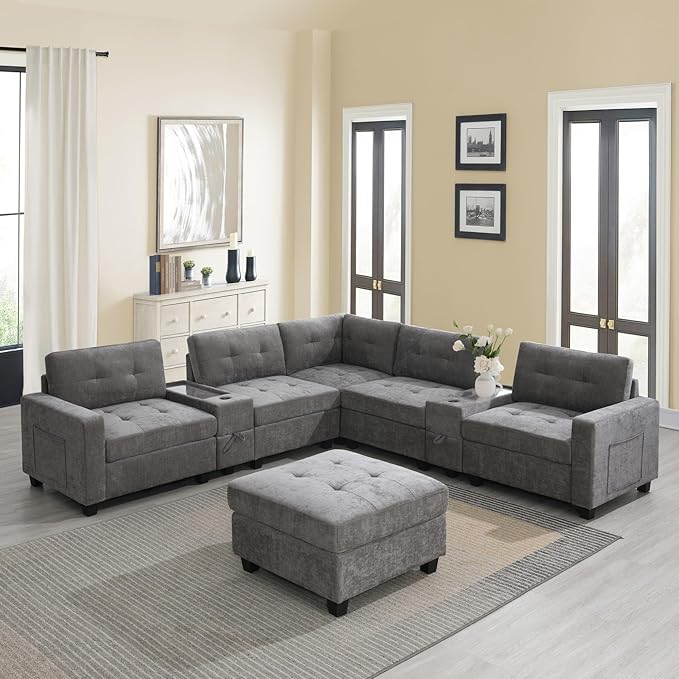 Merax 104 * 104" Chenille Sectional Couches with 2 Acrylic Consoles, Upholstered Modular Tufted Sofa Chaise with Ottoman, Storage Drawers, Pockets, USB Charger & Cup Holders for Living Room Apartment