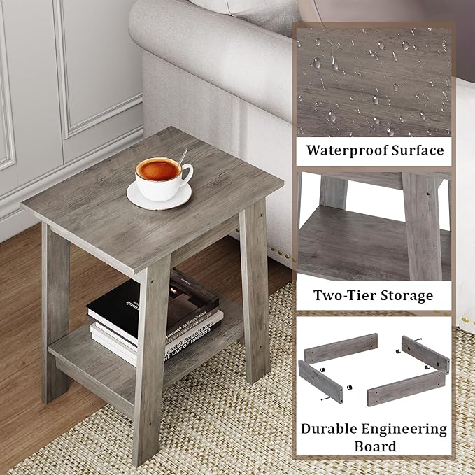 End Table, Side Table with 2-Tier Storage Shelf, Sofa Table for Small Space, Square Nightstand for Entryway, Farmhouse, Living Room, Easy Assembly, Grey