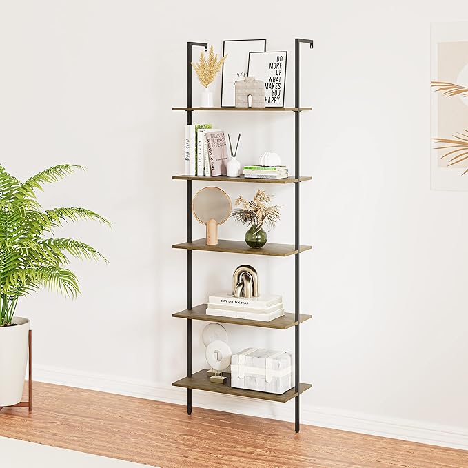 5 Tiers Ladder Shelf 2-Piece Black Modern Tall Bookshelf Open Large Tall Wall Mount Storage Bookcase Standing Leaning Wall Shelves Industrial Decorative (Brown)