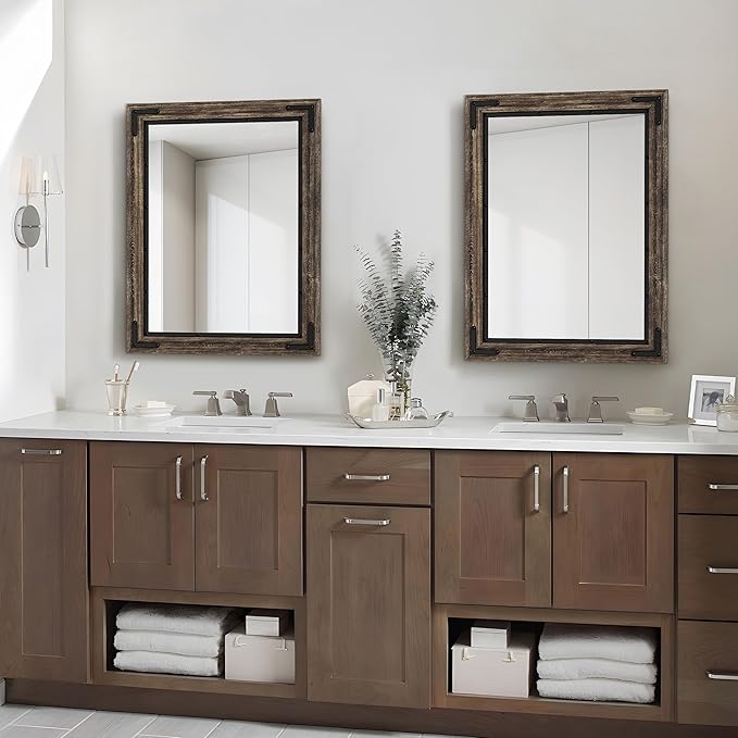 YOSHOOT Farmhouse Bathroom Mirror, Rustic Wood Mirror, Wooden Framed Vanity Mirror, Solid Wood & Handmade, Vertical or Horizontal Hanging for Bathroom Entryway Living Room Bedroom, 32" x 24", Brown