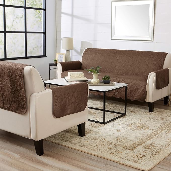 Great Bay Home Medallion Stitched Solid Furniture Protector Stain Resistant Durable Furniture Protector Elenor Collection (Sofa, Chocolate/Taupe)